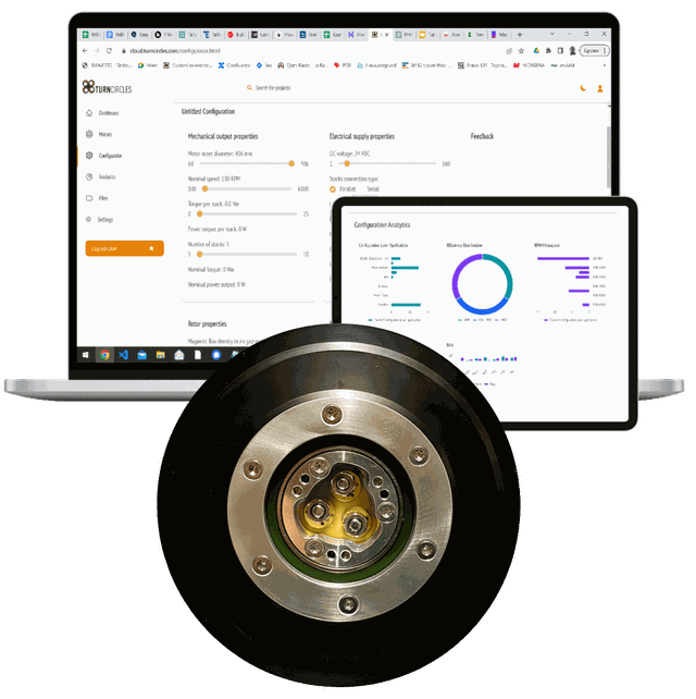 Screenshot of the Turncircles motor configurator next to an axial flux motor