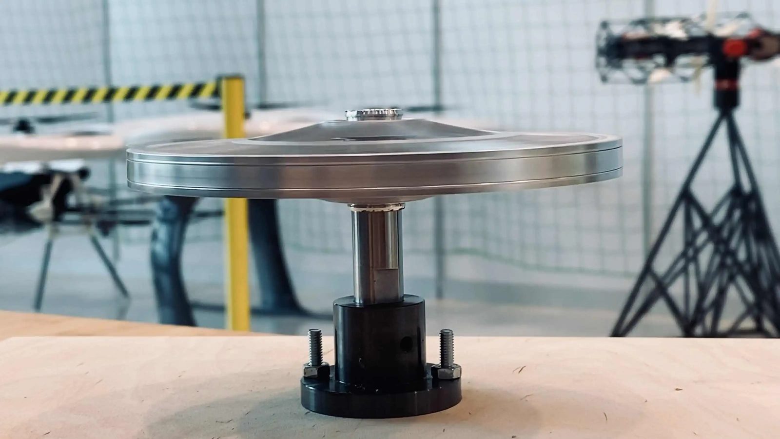 Turncircles axial flux motor disc on a test stand, a thin lightweight rotor without a housing