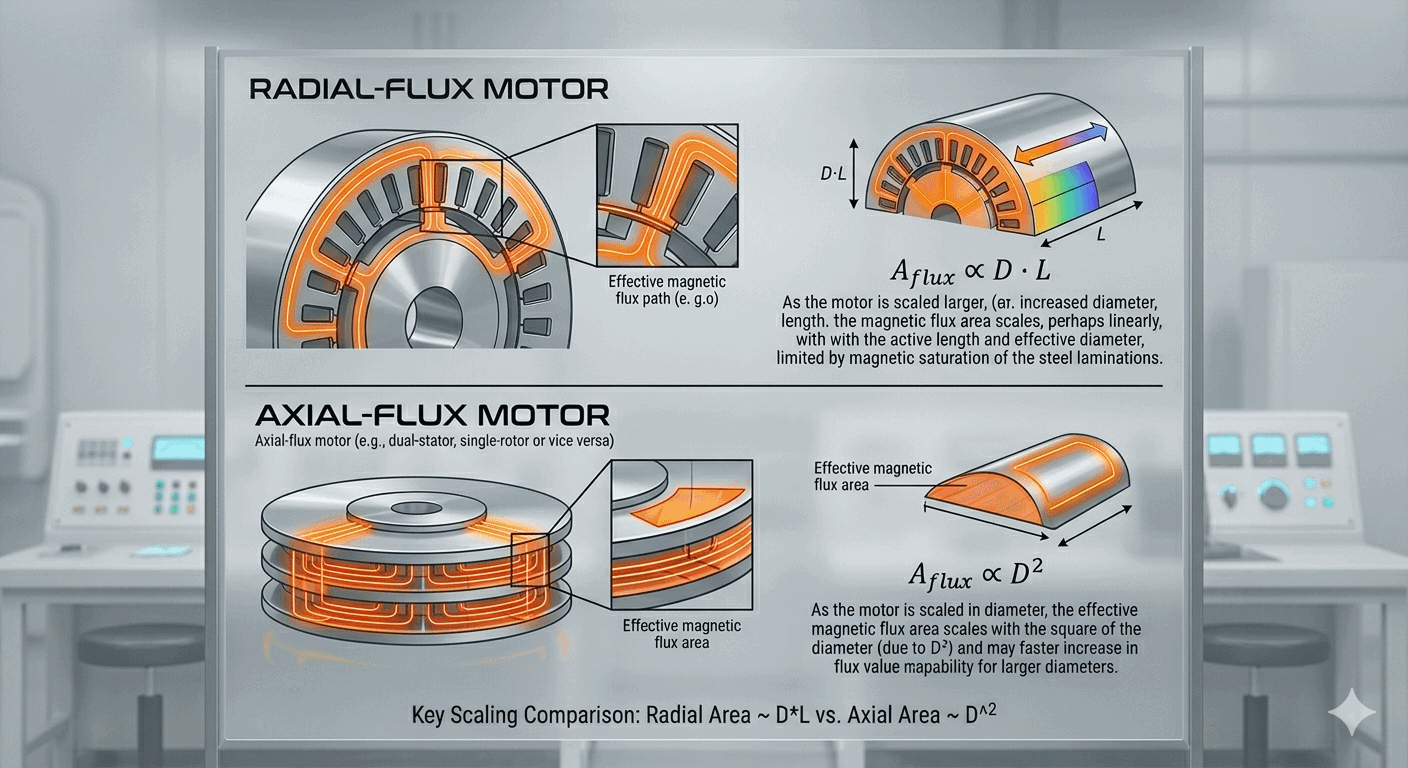 Infographic comparing radial flux vs axial flux motor geometry: flux area scales as D·L for radial and D² for axial